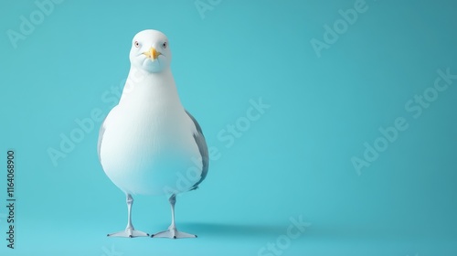 White seagull standing against a vivid blue background showcasing its vibrant plumage and distinct features in a minimalist setting photo