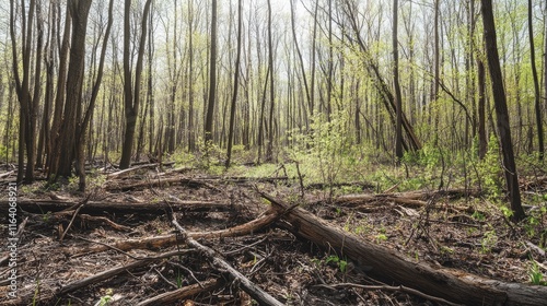 Serene springtime forest landscape showcasing vibrant greenery and fallen logs in a natural wild habitat