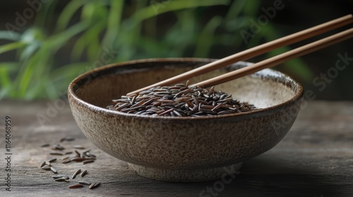 Wild rice in a textured ceramic bowl with chopsticks against a rustic wooden backdrop showcasing natural grains and simplicity. photo