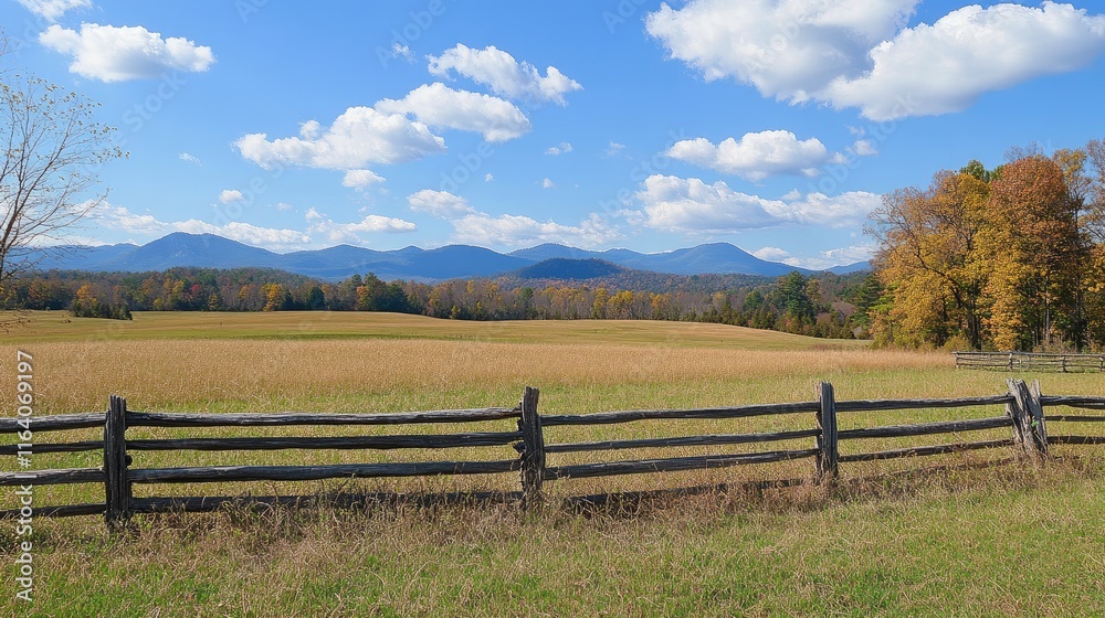 Scenic split rail fence in a meadow with mountains under a blue sky near Stanley showcasing autumn colors and peaceful rural landscape. Scenic split rail fence in a meadow with mountains under a blue sky near Stanley showcasing autumn colors and peaceful rural landscape.