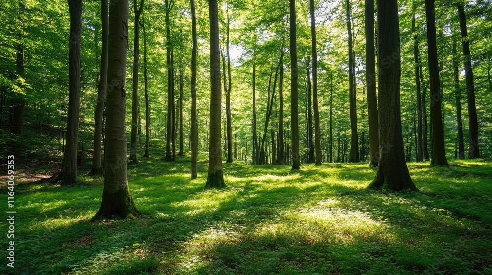Obraz premium Serene forest landscape with tall trees and soft sunlight filtering through lush green foliage