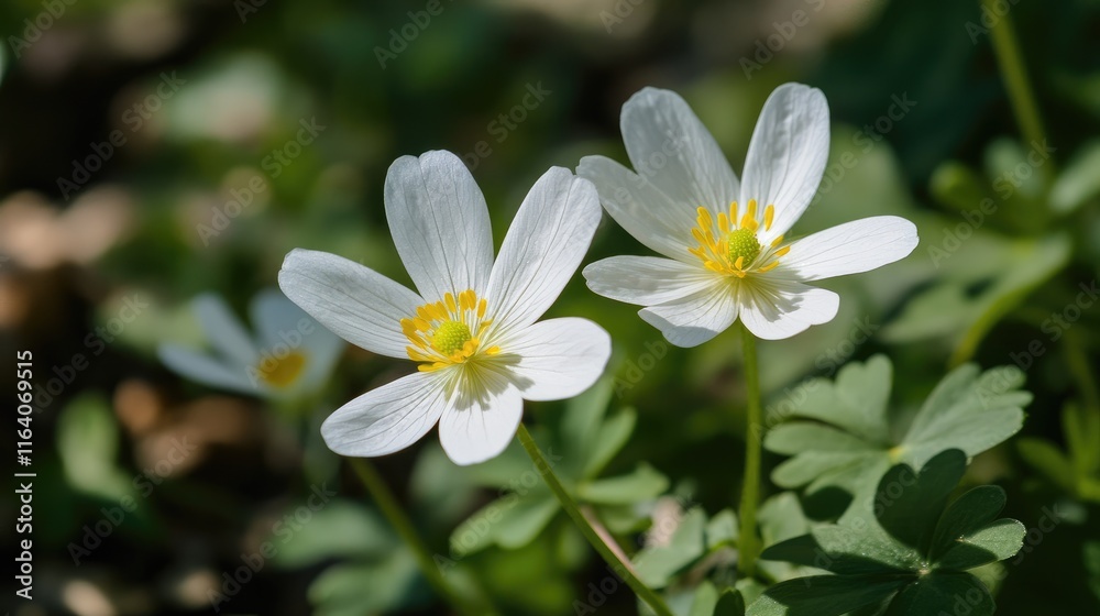 Obraz premium Delicate white wildflowers with yellow centers blooming in a lush green meadow during springtime sunlight.
