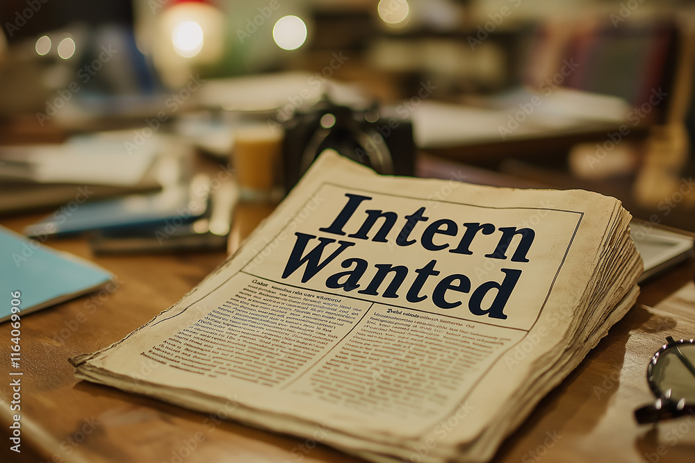 Intern wanted advertisement in a cozy workspace setting with newspaper layout Intern wanted advertisement in a cozy workspace setting with newspaper layout