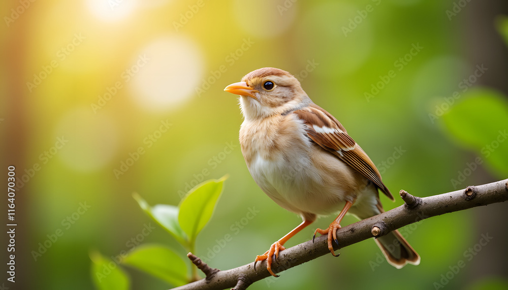 Fototapeta premium Migrating songbird perched on branch in forest at sunrise, nature's beauty