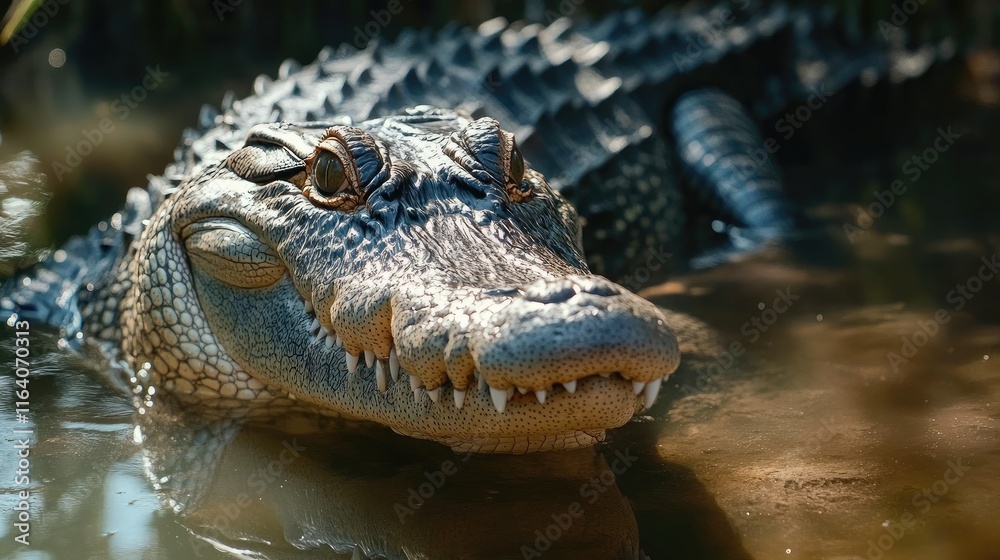 Fototapeta premium Crocodile resting in calm waters of mangrove habitat showcasing its rugged texture and sharp teeth in natural setting.