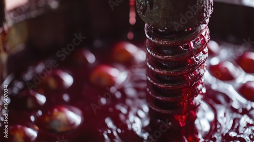 Traditional winepress extracting red must using a helical screw showcasing the ancient technique of winemaking up close. photo