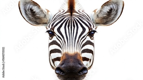 Zebra head close-up portrait with striking black and white stripes isolated on a clean white background for wildlife and nature themes photo