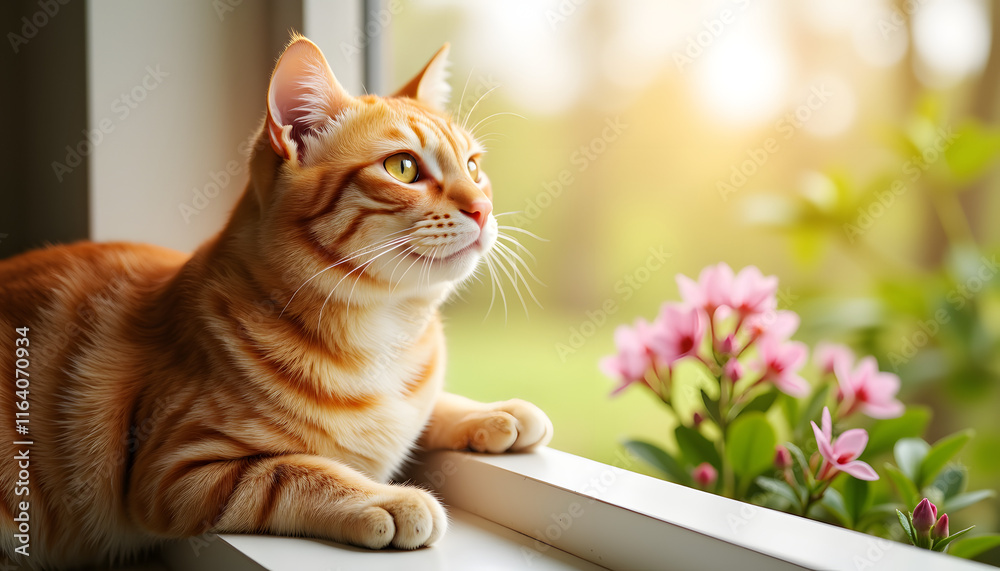 Curious orange tabby cat watching birds from windowsill, springtime joy Curious orange tabby cat watching birds from windowsill, springtime joy
