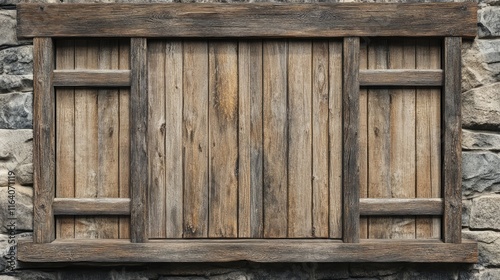 Rustic window closed with aged wooden boards showcasing a weathered stone wall background for historical and architectural themes.