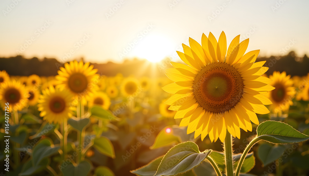 Fototapeta premium Sunflowers blooming under bright sun at sunset, vibrant nature