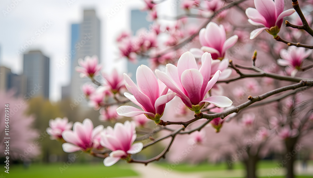 Obraz premium Magnolia flowers blooming in urban park setting, spring beauty