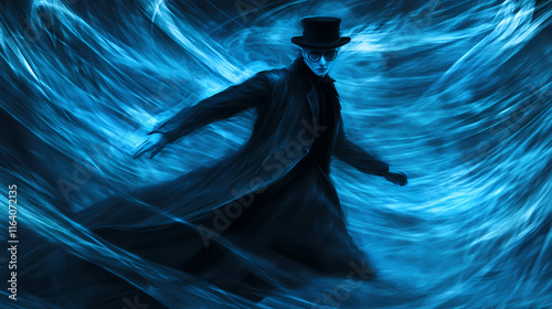 Heavy motion blur, the blue aura surrounding a dark elongated shape of a human in black overcoat and top hat wearing round glasses. Wraithlike. Illustration