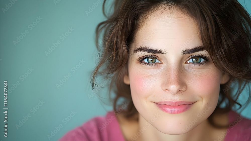 Naklejka premium Portrait of a beautiful woman with clear skin and captivating green eyes.