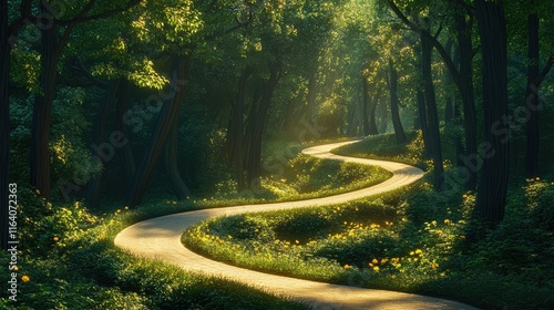 Serene winding road through a lush green forest illuminated by soft sunlight creating a peaceful and picturesque natural scene