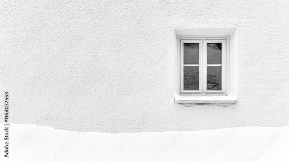Minimalist white house wall with a window framed in snow highlighting a serene winter atmosphere and architectural simplicity. Minimalist white house wall with a window framed in snow highlighting a serene winter atmosphere and architectural simplicity.