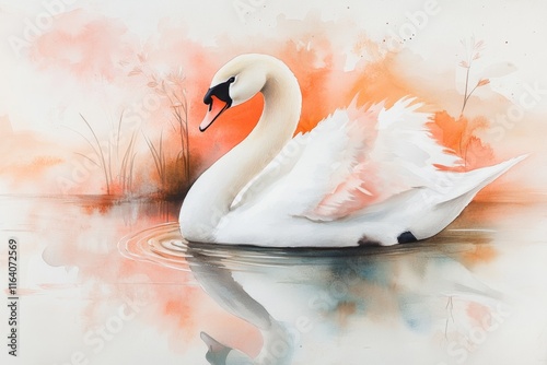 Fototapeta Naklejka Na Ścianę i Meble -  A dreamy watercolor of an ivory swan gliding across a serene lake, with gentle ripples and pastel reflections