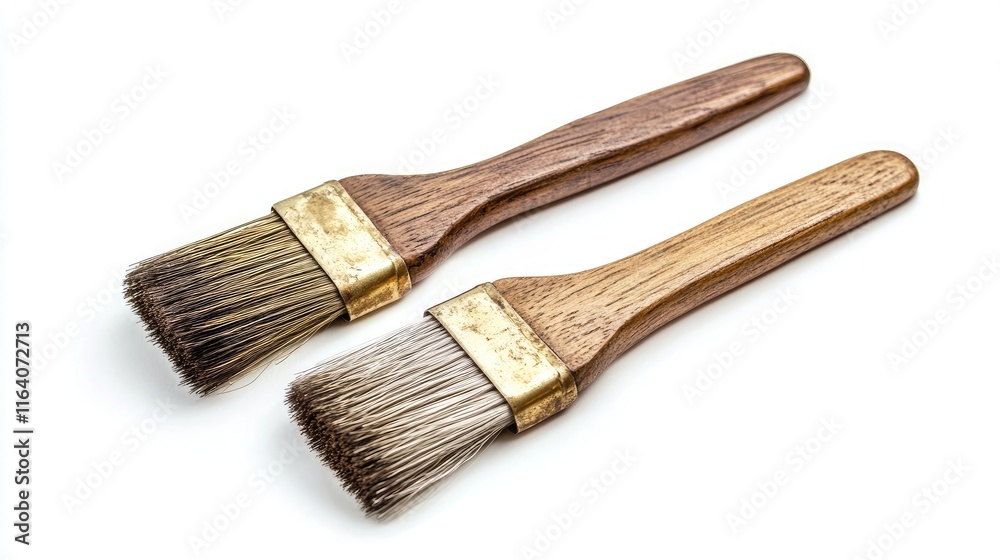 Wooden handled wire and brass brushes on isolated white background ideal for cleaning and detailing with space for text or insertion Wooden handled wire and brass brushes on isolated white background ideal for cleaning and detailing with space for text or insertion