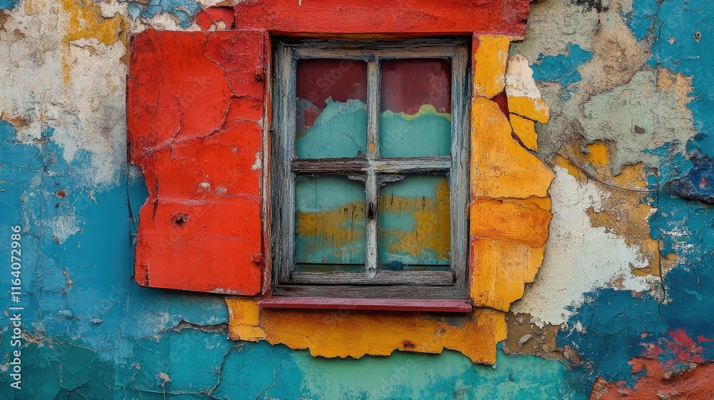 Vibrant window frame against a weathered colorful facade highlighting urban art and texture in a coastal setting Vibrant window frame against a weathered colorful facade highlighting urban art and texture in a coastal setting