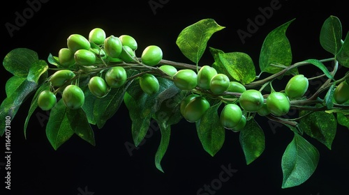 Green Wiliwili tree branch with unripe pods and lush leaves against a dark background showcasing natural beauty and botanical diversity photo