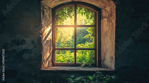 Sunlight streaming through a rustic window framed by lush greenery illuminating an old stone wall in a serene natural setting. photo