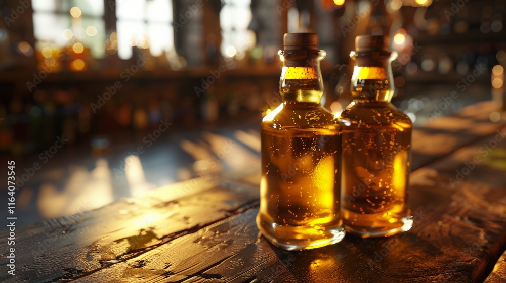 Warm Ambient Lighting Reflecting Off Two Whiskey Bottles on a Rustic Wooden Bar Counter in a Cozy, Inviting Tavern Setting with Sunlight Streaming Through Windows Warm Ambient Lighting Reflecting Off Two Whiskey Bottles on a Rustic Wooden Bar Counter in a Cozy, Inviting Tavern Setting with Sunlight Streaming Through Windows