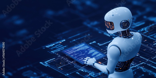 Autonomous robot interacting with digital interface and AI agent glowing pathways