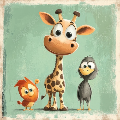Adorable Cartoon Giraffe Bird And Chick Friends