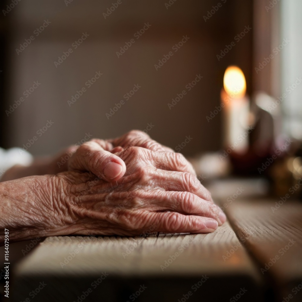 Fototapeta premium A Poignant Close-Up of an Elderly Person's Hands, With Visible Wrinkles and Veins, the Texture of the Skin Telling a Story, and Soft Yet Focused Lighting Creating a Timeless, Reflective Atmosphere