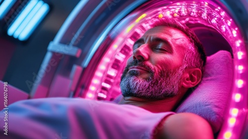 This serene image shows a man enjoying a relaxing moment inside a futuristic pod, bathed in colorful lights, symbolizing modern wellness and relaxation technology. photo