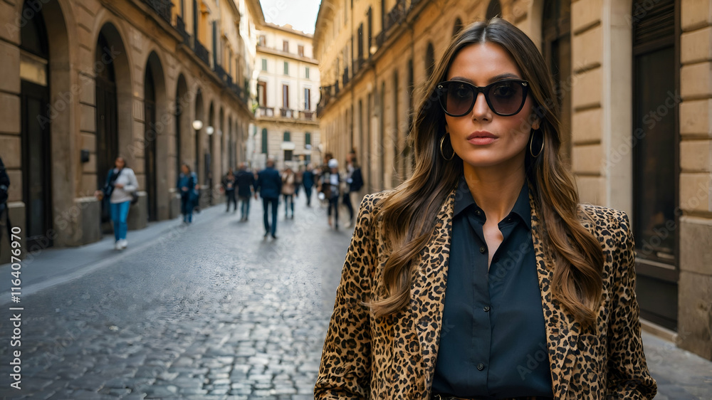 custom made wallpaper toronto digitalFashionable Confidence: A stylish woman with long brunette hair, wearing sunglasses and a leopard print jacket, confidently strolls down a cobblestone street in a bustling European city.