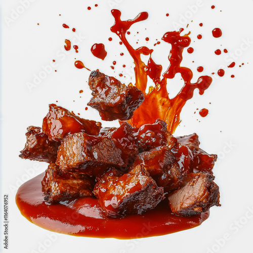 Juicy barbecue meat pieces plunging into rich tomato ketchup splash, isolated on white background, showcasing vibrant flavor and texture. photo