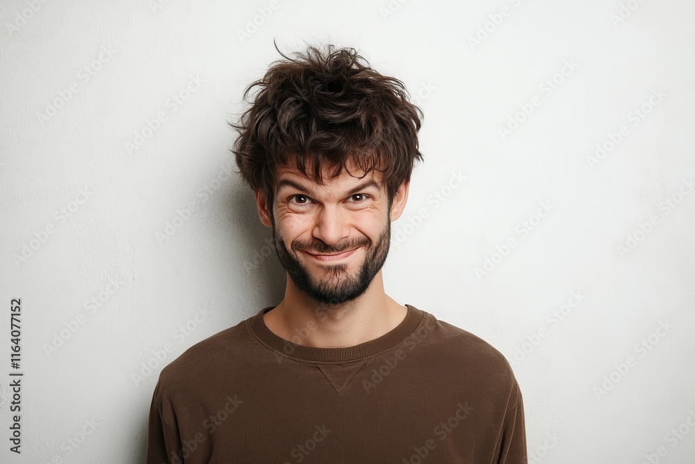 Closeup of a dim-witted bearded man with a crossed look and a foolish smile, clowning around, making a funny face, exhibiting a dumb comical expression. Indoor studio shot isolated on a gray Closeup of a dim-witted bearded man with a crossed look and a foolish smile, clowning around, making a funny face, exhibiting a dumb comical expression. Indoor studio shot isolated on a gray