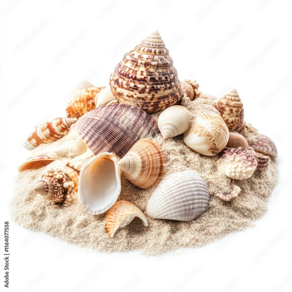 Sea shells in sand pile Isolated on White Background Generative AI Sea shells in sand pile Isolated on White Background Generative AI