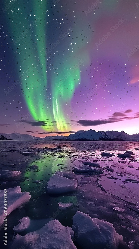 Naklejka premium aurora borealis over icy landscape wallpaper 