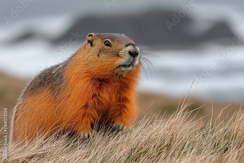 A close-up shot captures a young bobak marmot standing in the grass, gazing directly at the camera. The foreground is filled with green grass, while the background is blurred photo