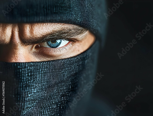 Close-up of man wearing balaclava, intense blue eyes staring.
