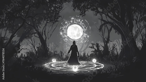 Dark ritual under the full moon, with a figure standing in a circle of glowing alchemical symbols in a shadowy forest. Wraithlike. Illustration photo