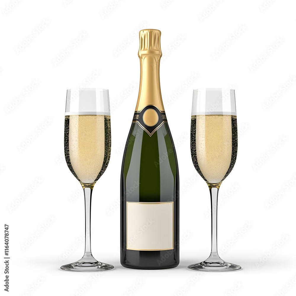 Bottle of champagne is next to two wine glasses Bottle of champagne is next to two wine glasses