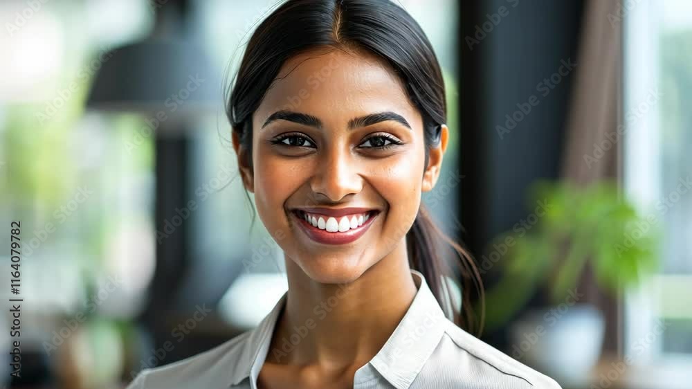 smiling Indian businesswoman at modern office smiling Indian businesswoman at modern office