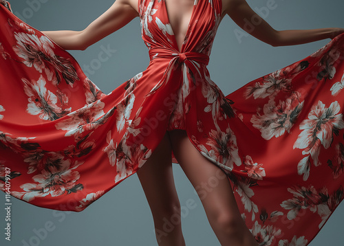 A woman showcases a flowing red maxi dress with a floral print. The dress is cinched at the waist and has a plunging neckline. The fabric drapes elegantly around her.