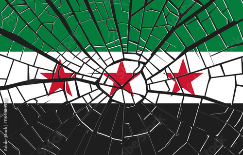 Vector new flag of Syrian Arab Republic broken, in cracks. Approved on December 8, 2024. Three stars and green white black tricolor. New Syria.