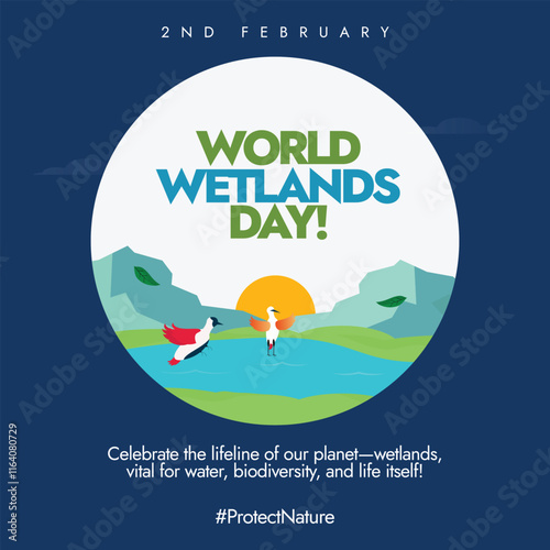 2nd February Wetlands Awareness social media banner or post with river, trees, birds, sun and animals with beautiful landscape. Wetlands Day. World Wetlands Day. 