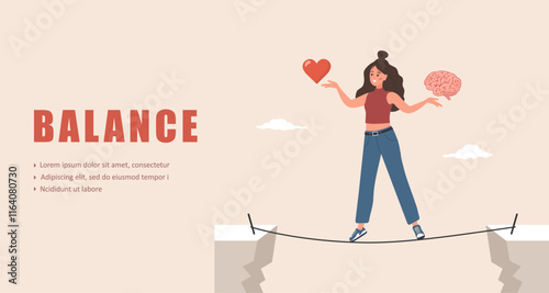 Brain and Heart Balance. Emotional Intelligence concept. Female character find balance between heart and brain. Vector illustration in flat cartoon style.