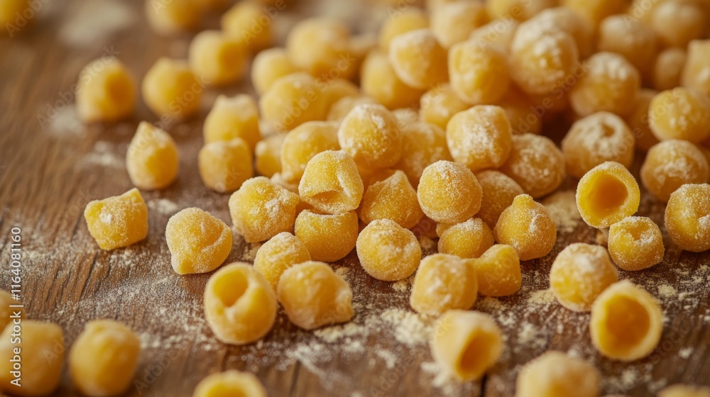 Numerous small, uncooked pasta shapes are scattered across a wooden surface, coated lightly with flour. The vibrant yellow color showcases the freshness, inviting creativity in meal preparation. Numerous small, uncooked pasta shapes are scattered across a wooden surface, coated lightly with flour. The vibrant yellow color showcases the freshness, inviting creativity in meal preparation.