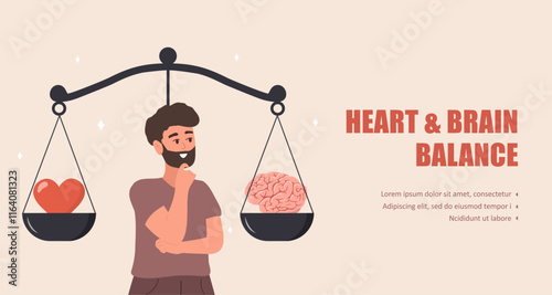 Balance between Heart and Brain. Wellness concept. Man looking at scales with love in one side and practical in opposite. Vector illustration in flat cartoon style.