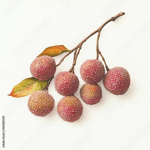 Fresh lychee fruits on a branch, white isolated background.