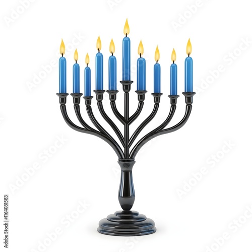 Blue and black menorah with nine candles lit