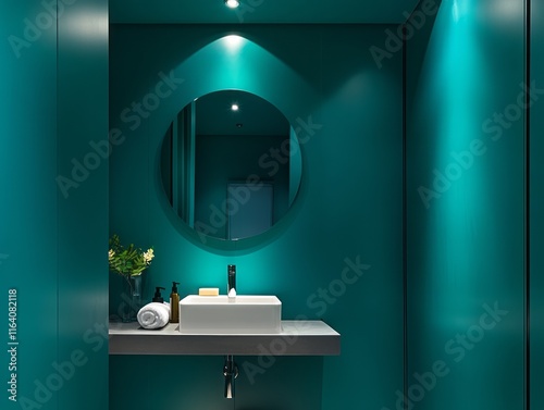 Teal bathroom features a modern sink and round mirror photo