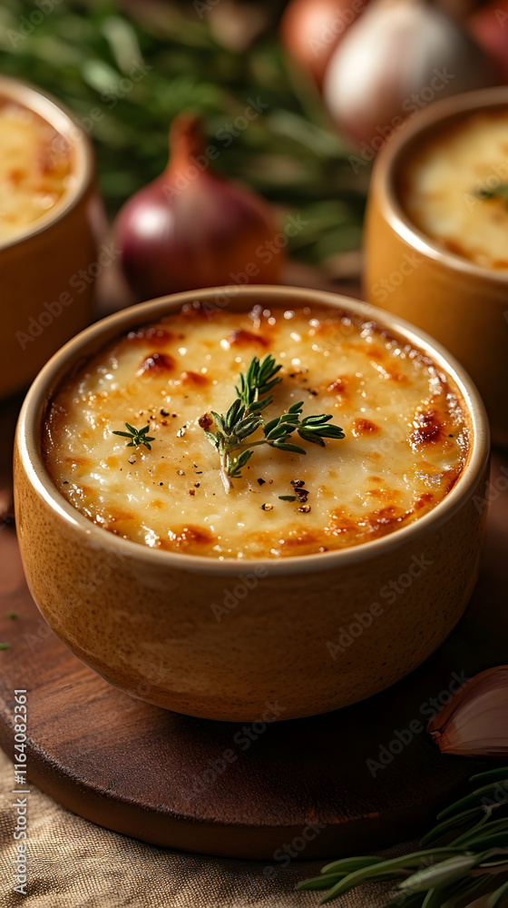 Close-up View of Creamy Baked Dish in Brown Bowl Close-up View of Creamy Baked Dish in Brown Bowl