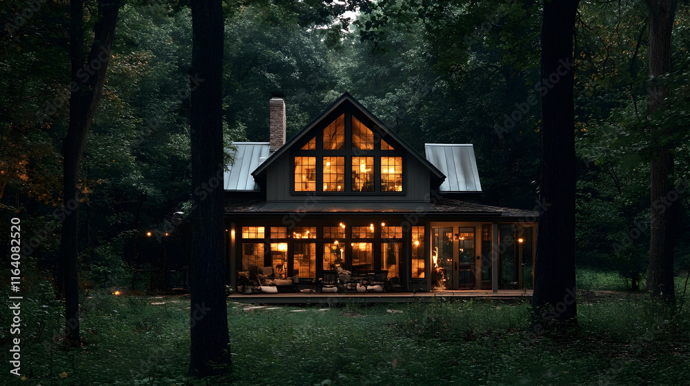 Stylish farmhouse exterior with forest views, large windows, and a cozy evening ambiance -